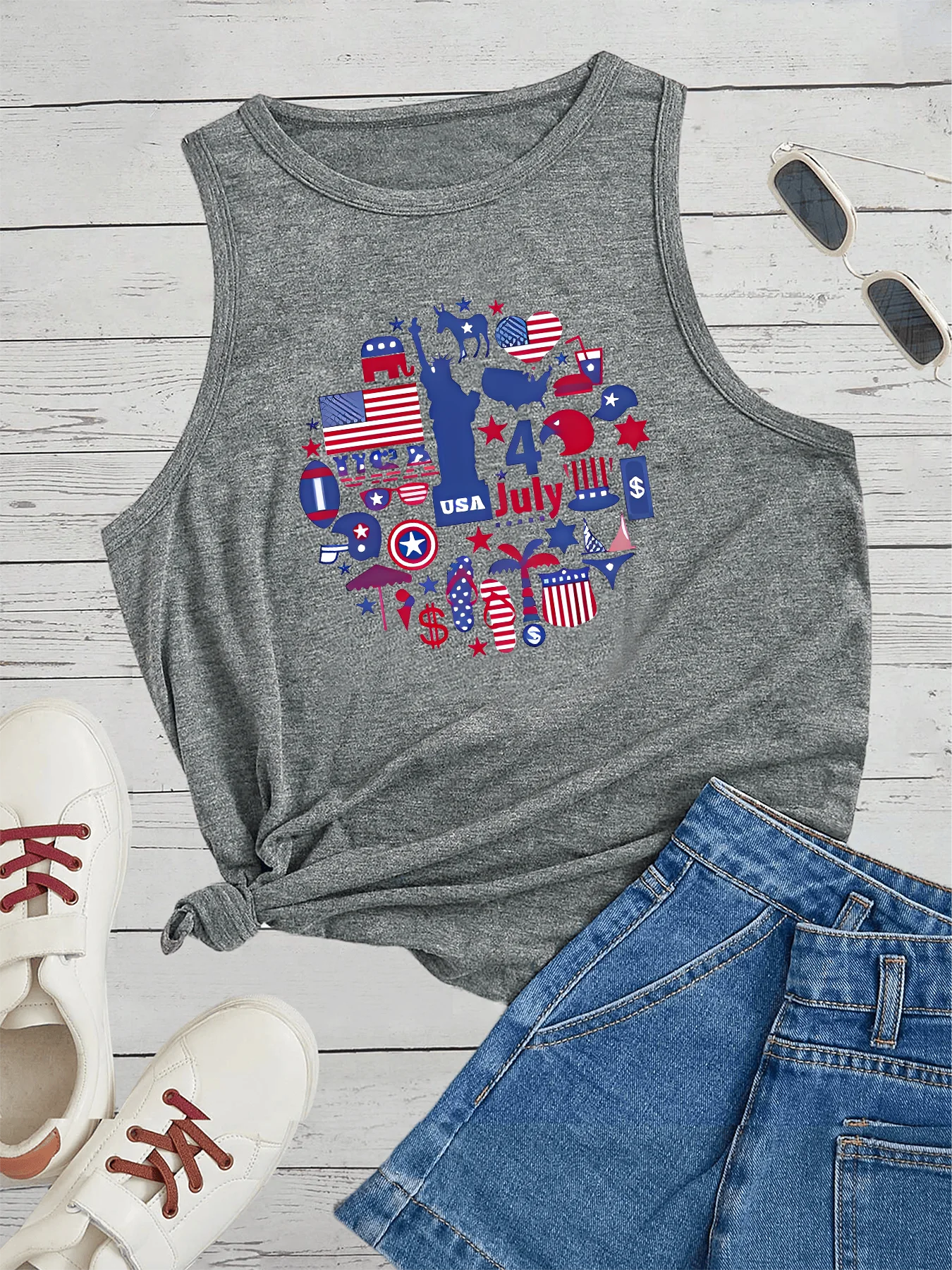 American Flag Statue of Liberty Summer Independence Fashion Funny Sports Women's Tank Top Loose O Neck Sleeveless Casual Tank