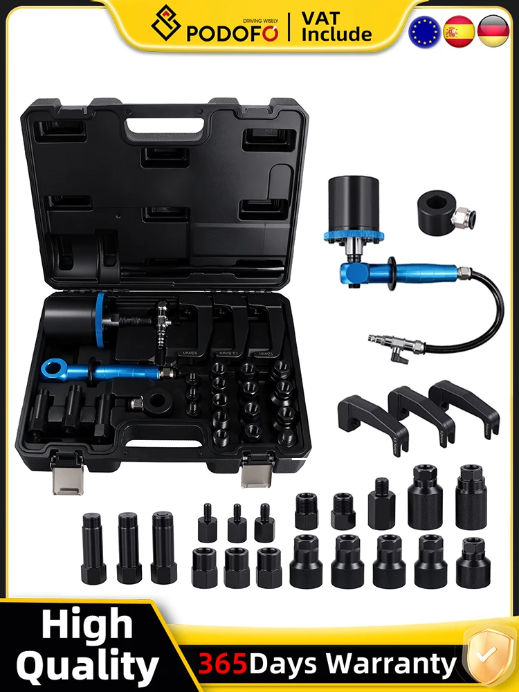 Podofo XC8789 Pneumatisches Injektor-Extraktionswerkzeug-Set Diesel-Einspritzventil-Abzieher mit 19 Adaptern Druckluft-Entfernungswerkzeug für Common-Rail-Injektoren Kfz-Motorreparatur