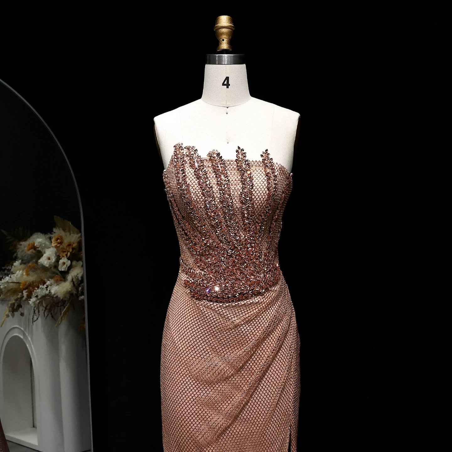 Sharon Said Stunning Crystal Dubai Caramel Mermaid Evening Dress with Slit for Luxury Wedding Prom Party Gowns SS528 Customized image 3
