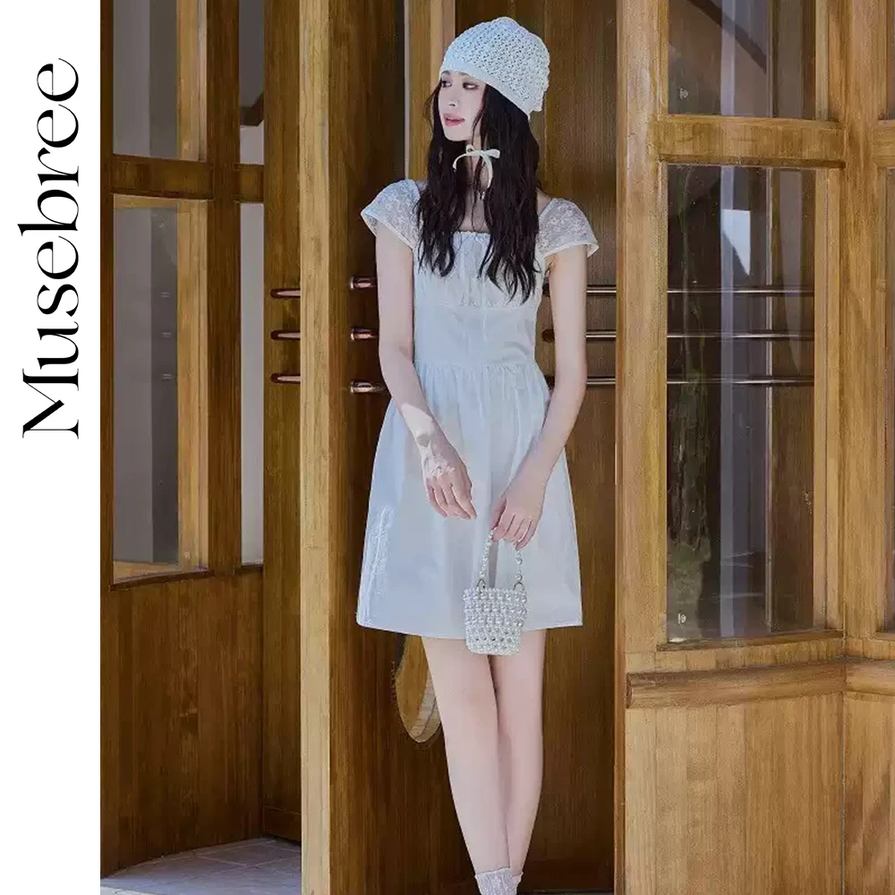 

Musebree Women's 100% Cotton French Style Dress Ladies Girls Square Neck White Slim Short Dresses Summer Dress Women Clothing