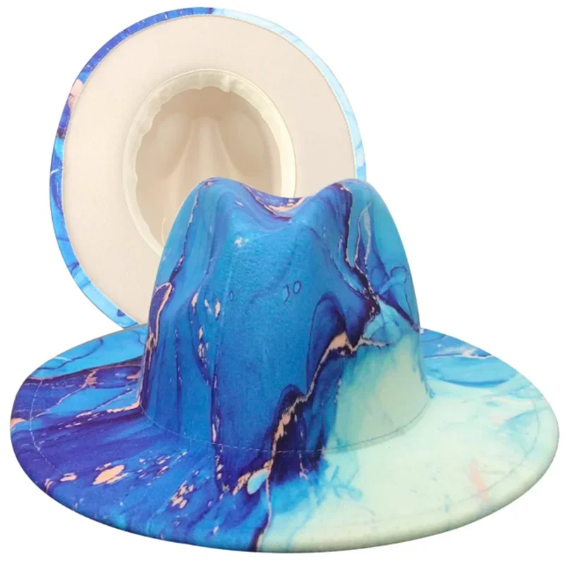 Fedora z szerokim rondem i nadrukiem Tie Dye męska i damska tweedowa moda kapelusz panama Retro gradientowy kapelusz jazzowy Fedora męska — zdjęcie 2