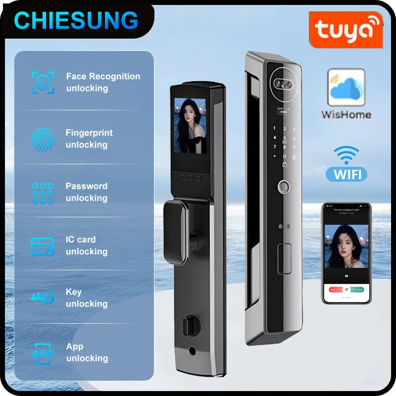 3D Face Smart Door Lock WisHome or TUYA Security Camera Intelligent Fingerprint Password Biometric Electronic Key Unlock