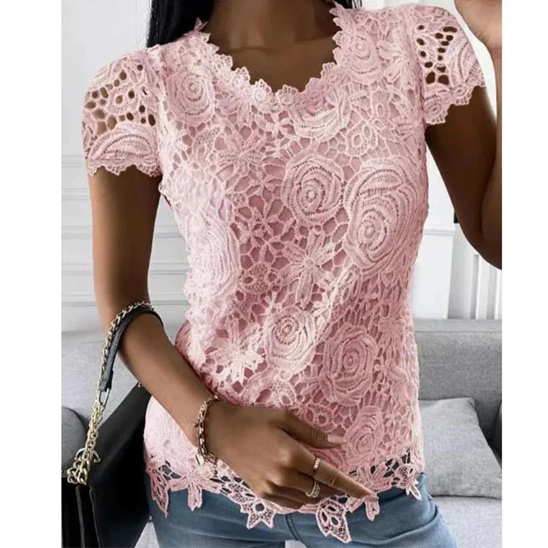 Y2k Vintage Lace Blouse Women T-Shirts Sexy O-Neck Short Sleeve Patchwork Elegant Fashion Clothes Streetwear Casual Solid Tops