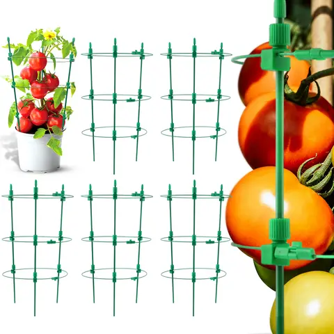 6PCS 18 Inch Adjustable Tomato Plant Stakes - Green Plastic Garden Supports for Climbing Plants
