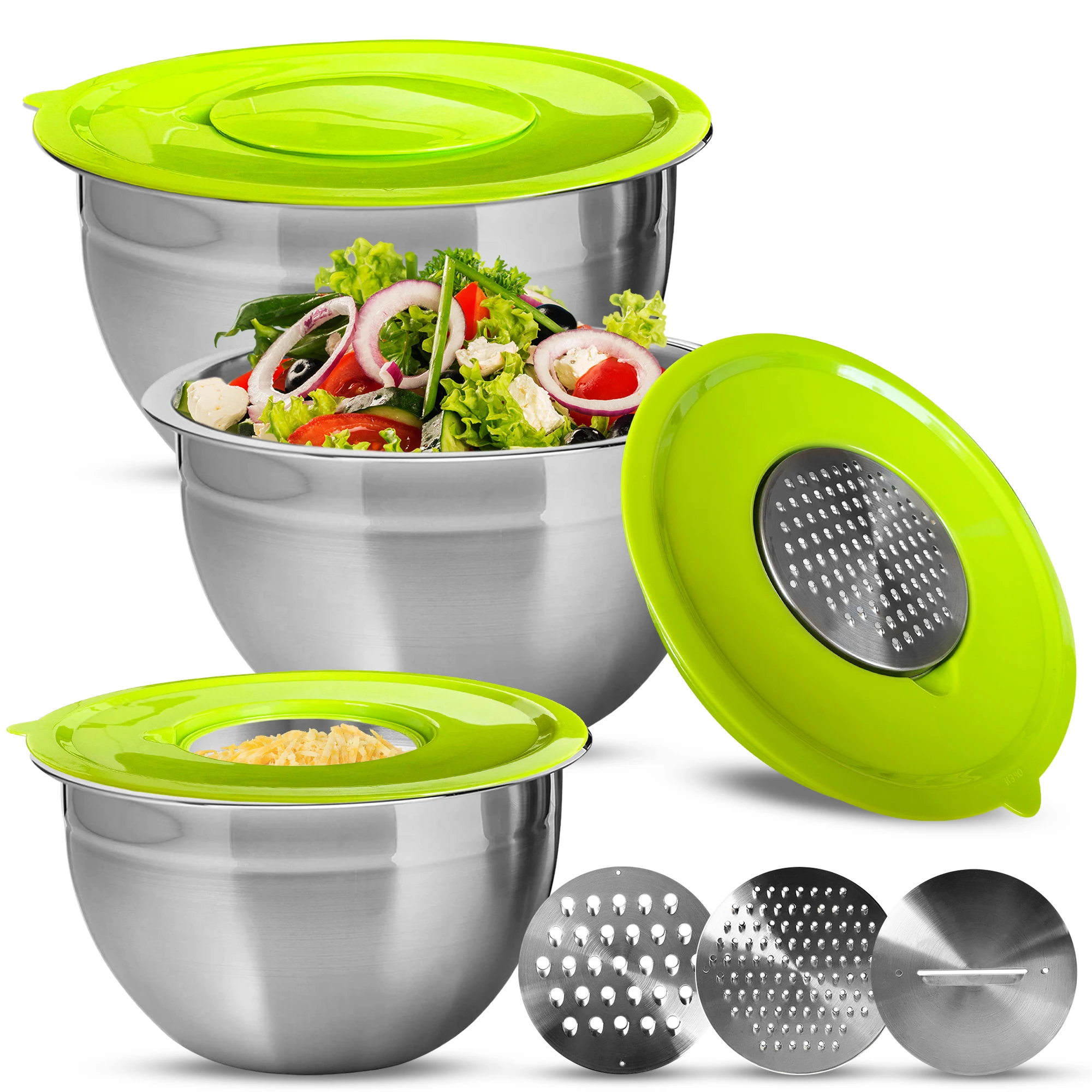 Set of 3 multifunction steel bowls with airtight lid and three stainless steel grater discs