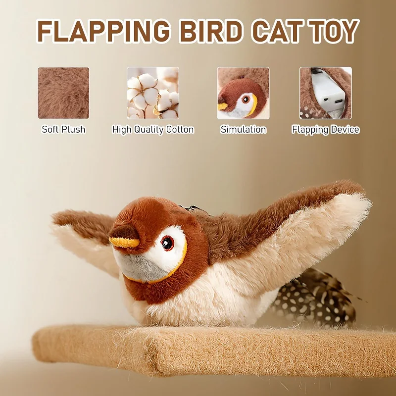 Toy For Cat Bird Rechargeable Electric Flapping Wings Bird Cat Toy Sound Chirping Bird Catnip Touch Activated Plush Toy