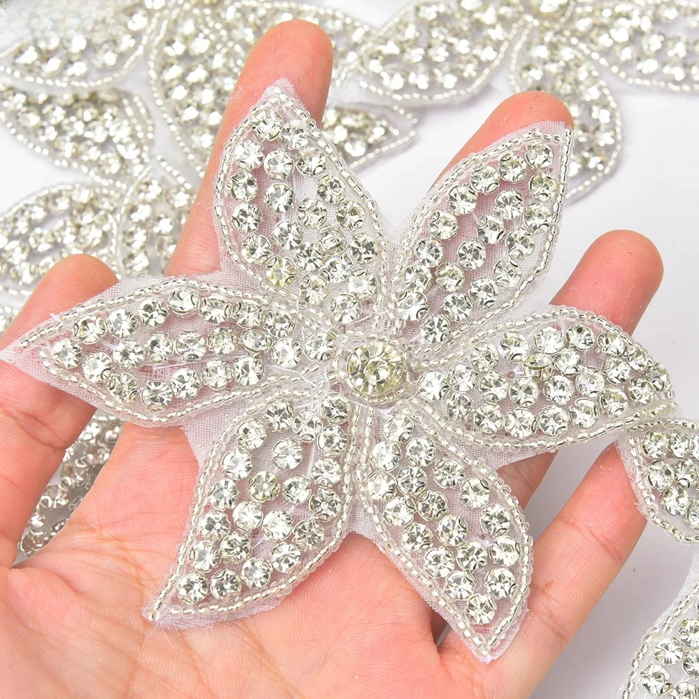 5 sztuk kryształ Rhinestone kwiat aplikacja Hotfix szklane koraliki naszywki ślubne suknia ślubna dekoracja paska motyw DIY akcesoria — zdjęcie 2