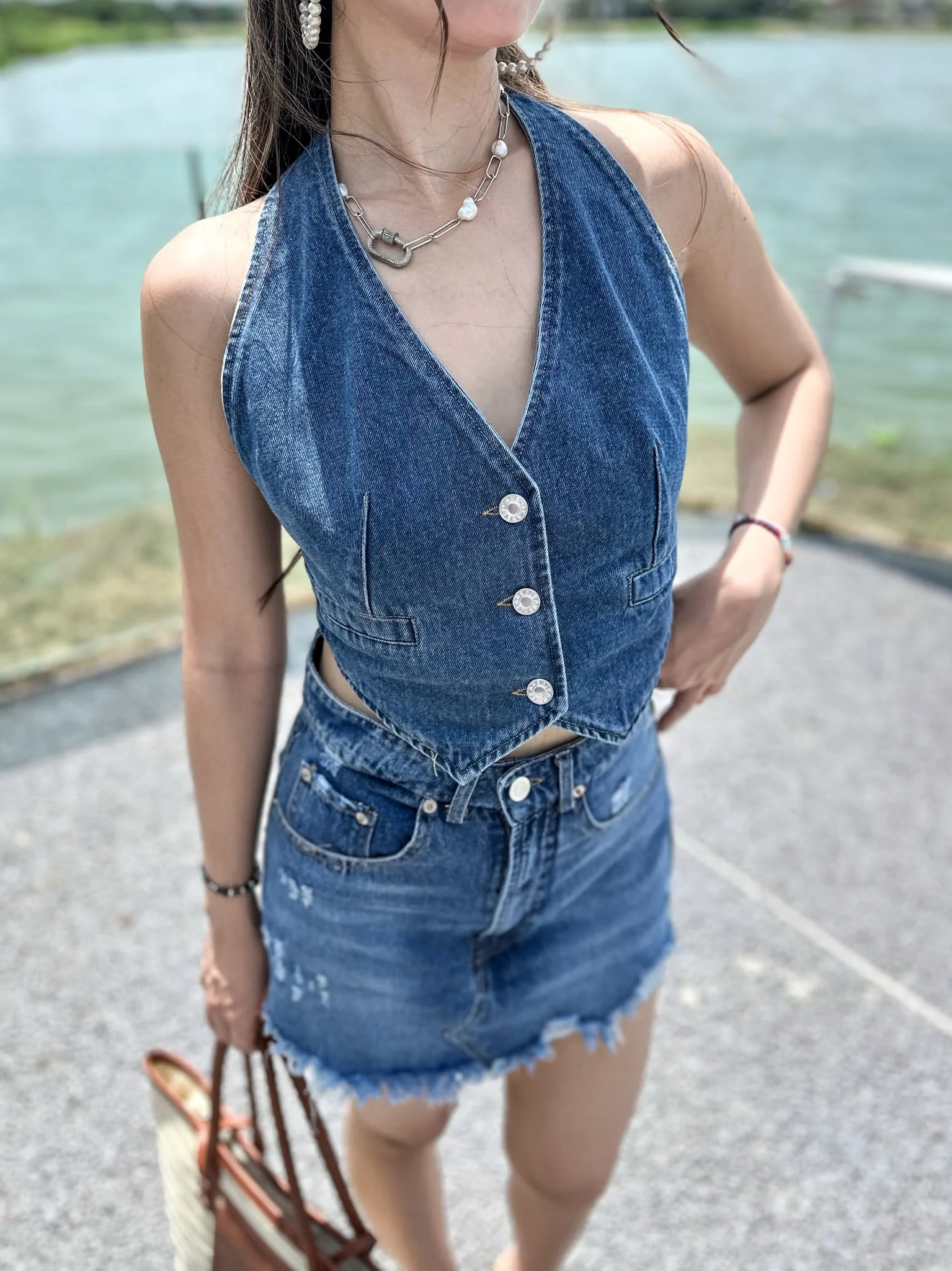 Y2K Sexy Denim 2 Piece Sets Women Halter V Neck Crop Vest Top and High Waist Ripped Jean Mini Skirts Summer Festival Outfits