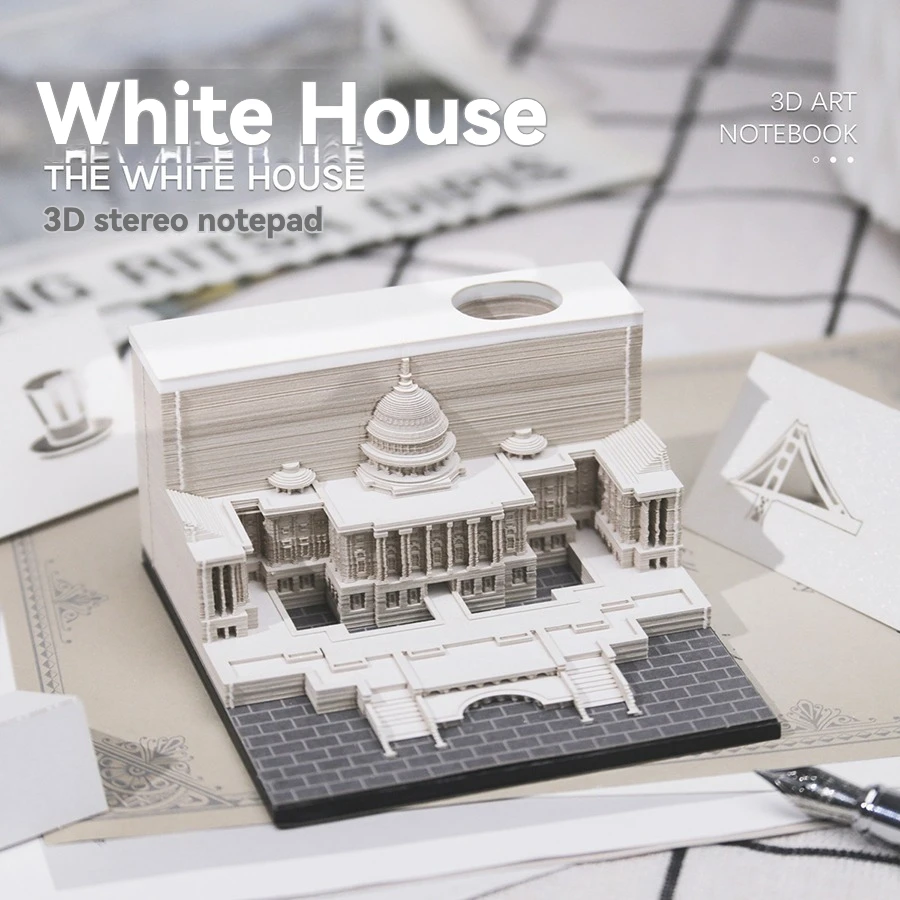 3D USA White House Paper Sculpture Desk Calendar Memo Pad Tear-Away Notepad DIY Architecture Craft Gifts for Home Office School