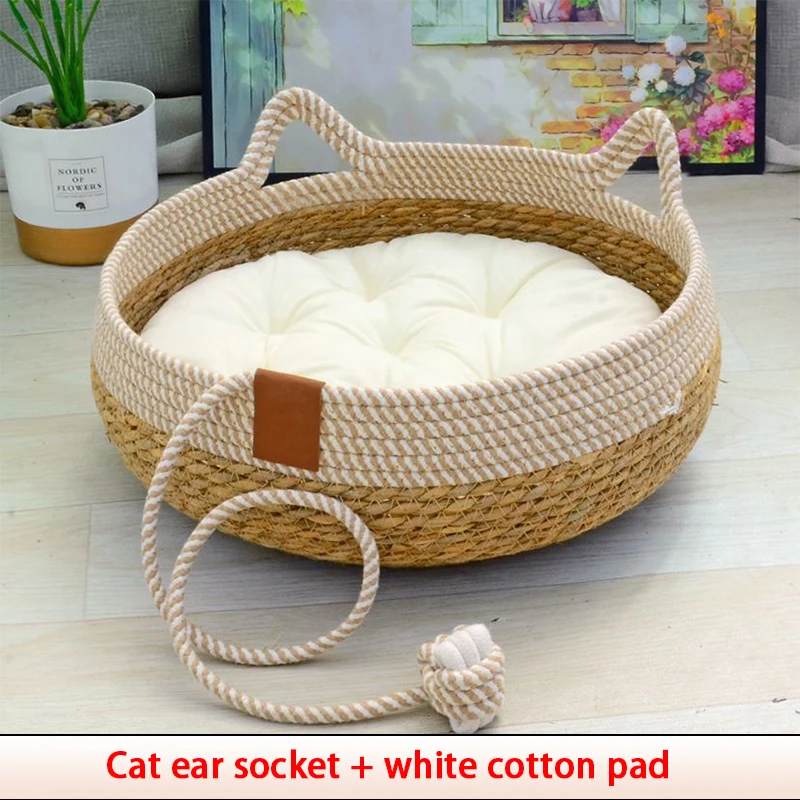 Summer Cat Bed Woven Removable Upholstery Sleeping House Cat Scratch Floor Rattan Wear-resistant Washable Cat Pet Supplies