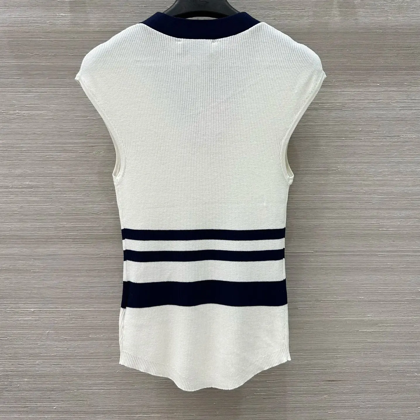 

2025 Spring Summer Latest Navy Style Stripe Design Bow Strap Knitted Vest Top