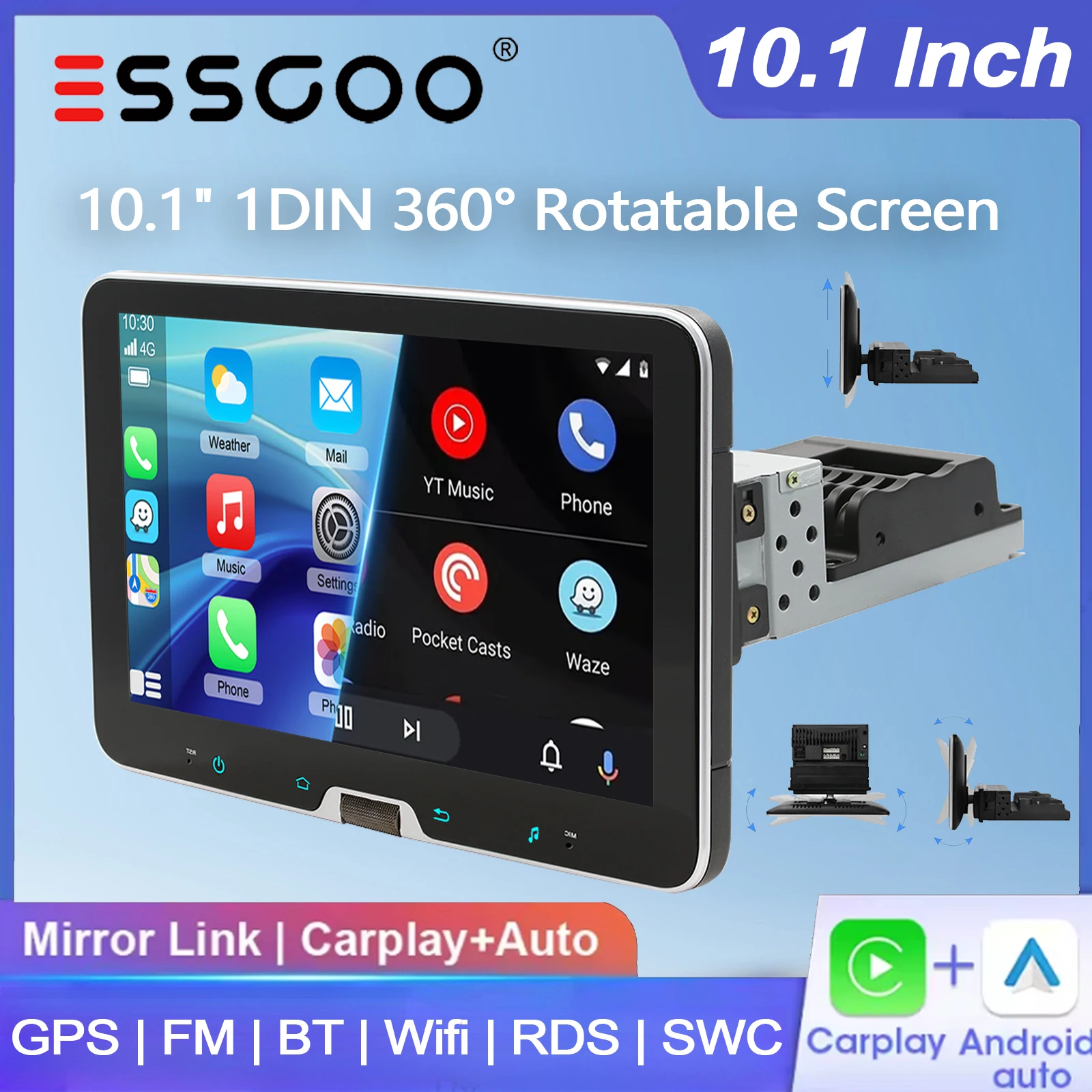 ESSGOO 10,1" 1DIN Android 15 4+64G 360 °   Drehbarer IPS-Touchscreen Universal-Autoradio mit Wireless Carplay, Android Auto, GPS-Navigation, FM, Bluetooth, WiFi, RDS, SWC, Mirror Link und Mikrofon