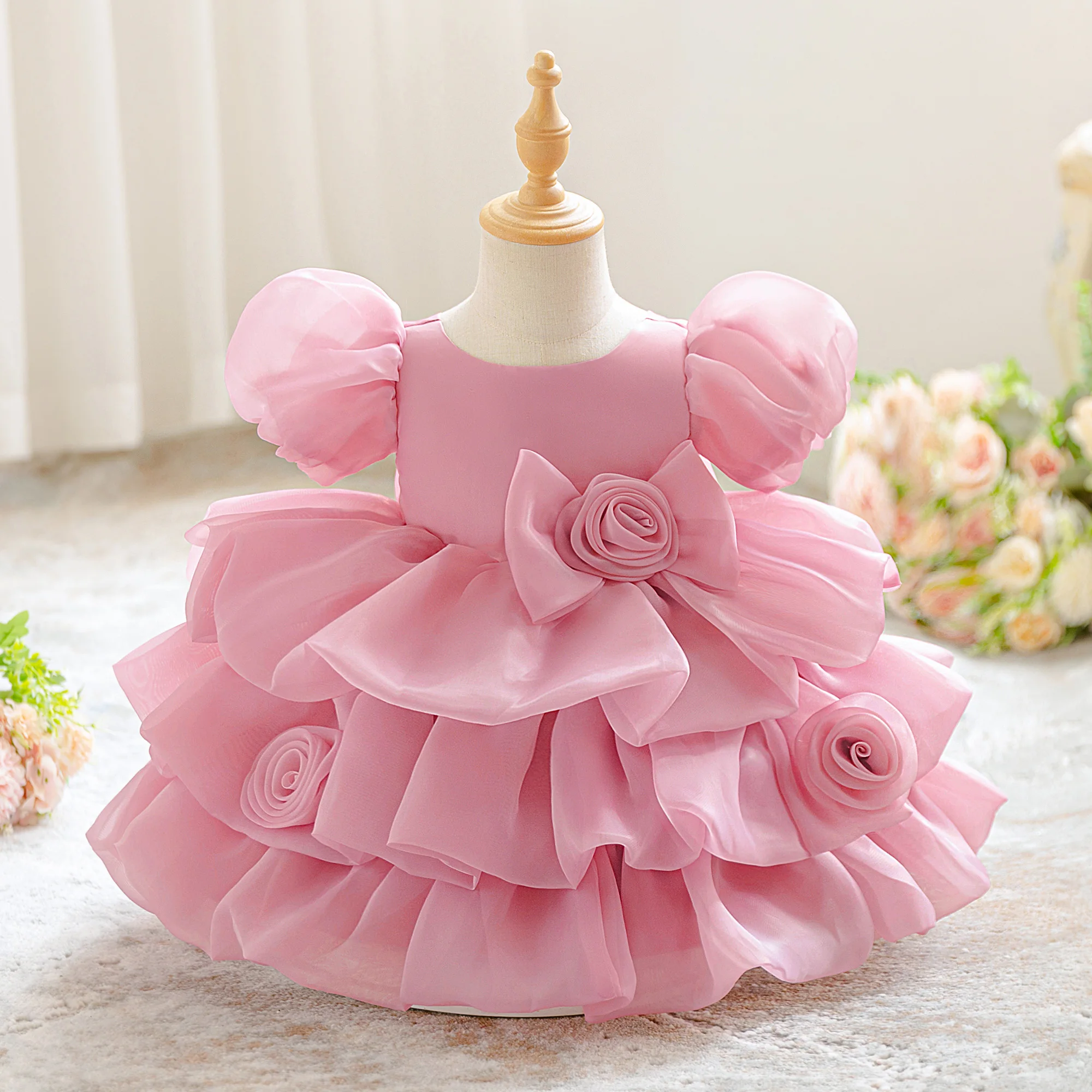 Vestido infantil de casamento com flores, vestido médio para meninas, manga bufante, camada de bolo, princesa, vestido de baile, bebê, menina, festa de aniversário