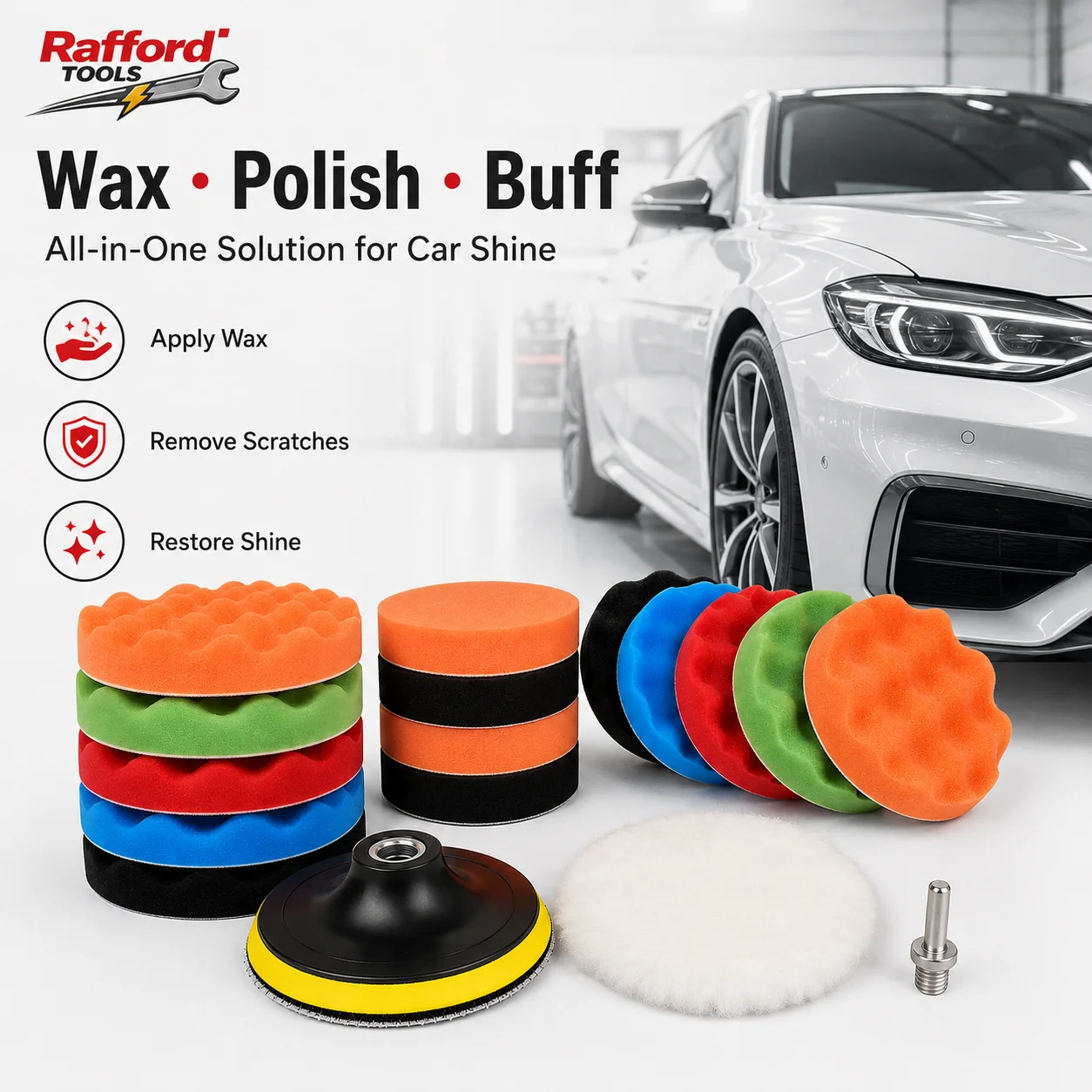 Rafford 12-teiliges 5-Zoll Auto-Polierpad-Set Schaumstoff-Schwamm-Wollpad Polier- und Wachsset mit Trägerplatte und Bohradapter für Autopflege – Detail 5