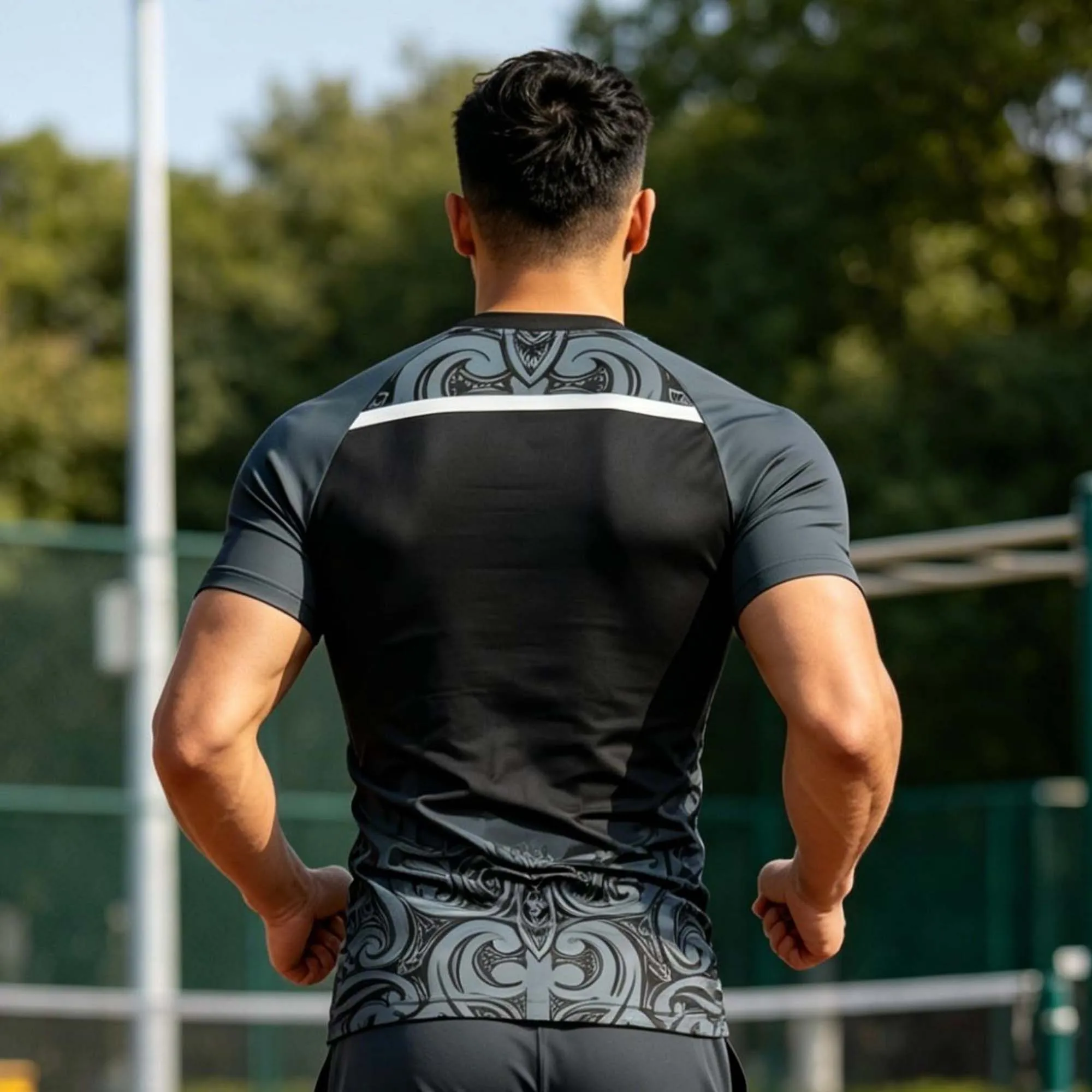 Men Compression Soccer Training Jersey Black Grey Polynesian Tribal Swirl Geometric Print Short Sleeve Quick Dry Athletic Tops