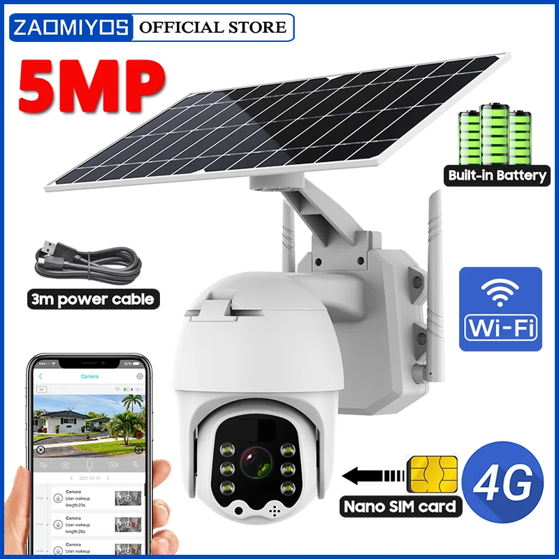 NEW 5MP 360 Rotate PTZ Solar IP Camera 4G SIM Card/WIFI Motion detection Alarm Recording Color Night Vision CCTV Security Camera