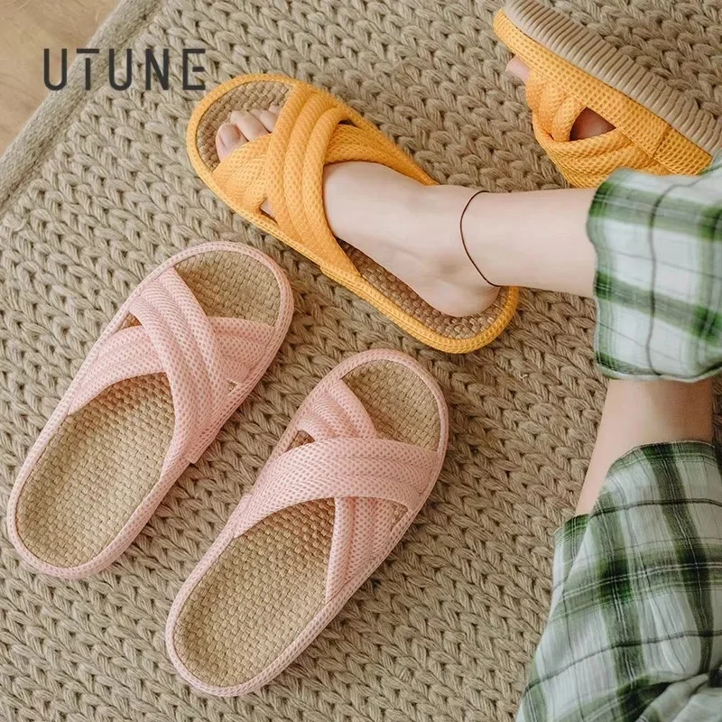 

UTUNE/тапочки из натуральной льняной сетки, женские шлепанцы с перекрестной шнуровкой, женские сандалии на улице, женская летняя домашняя обувь на плоской платформе