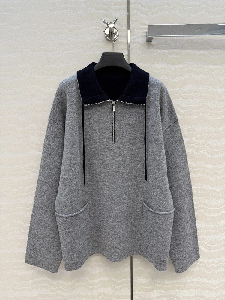 

Осень-зима, новый стиль, молния, откидной воротник, дизайн, шерстяной материал, женский серый, сохраняющий тепло, вязаный пуловер