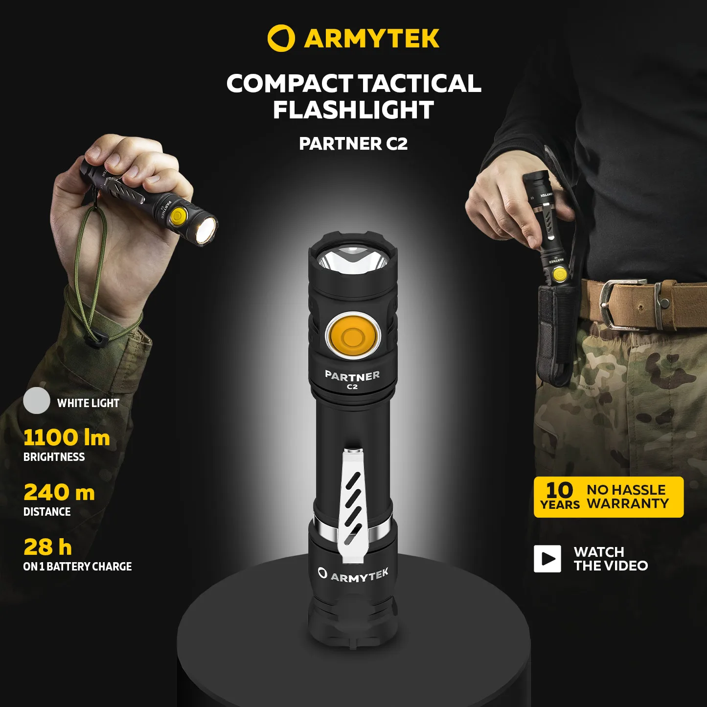 LED Flashlight 2IN1 Tactical and EDC Armytek Partner C2 Magnet USB 1100/1020 lm (F07802W/F07802C)