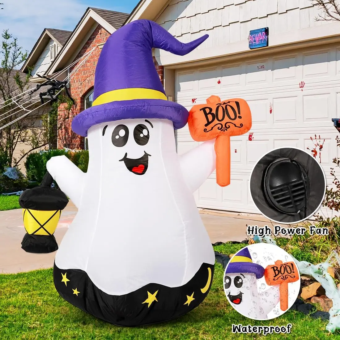 Fantasma inflable de Halloween de 5 pies, decoración al aire libre, patio, lindo fantasma de mago con luz de mano con LED para fiesta en el jardín