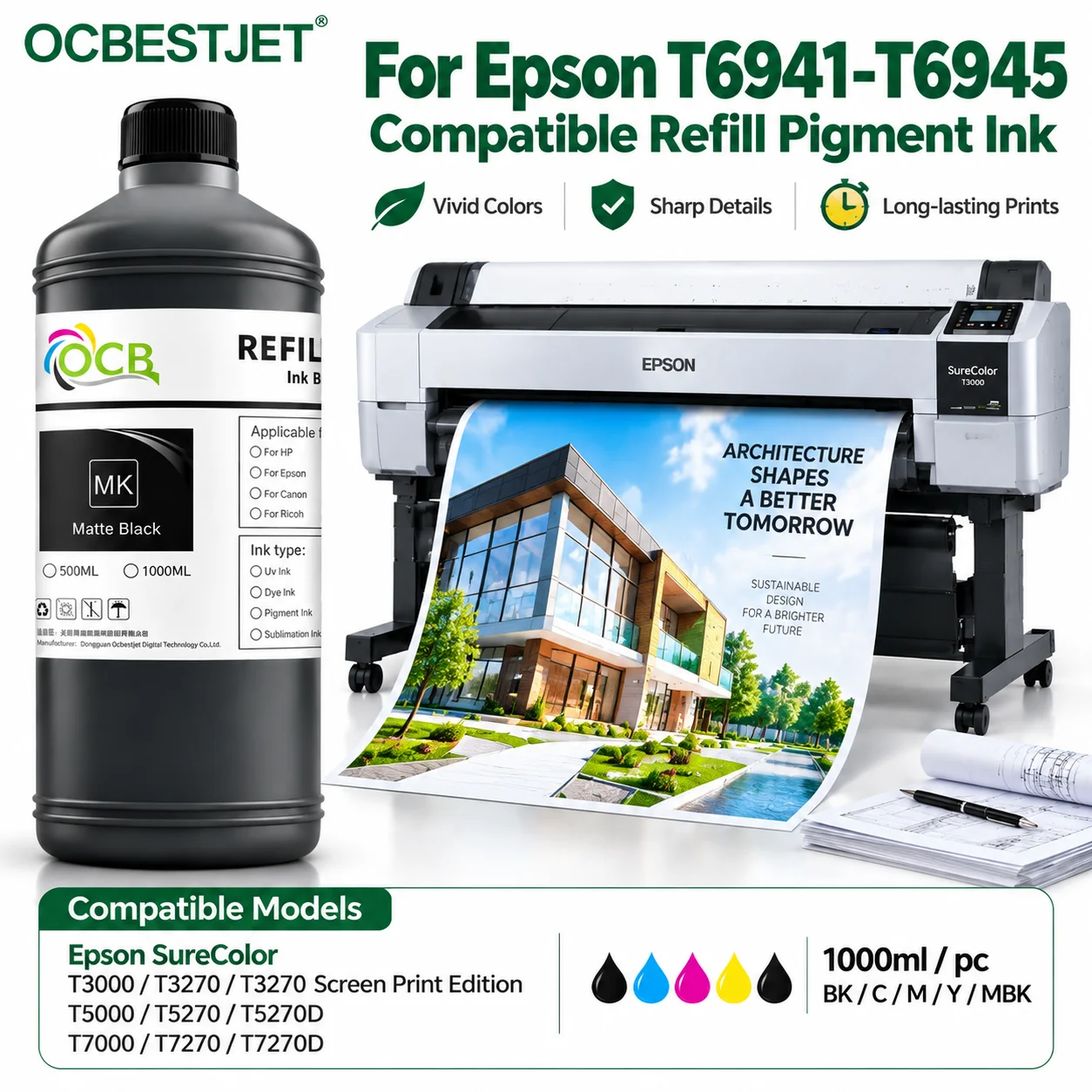 Pigment Ink 5 Colors T6941-T6945 High Quality 1000ML For EPSON SC T3200 T5200 T7200 T3270 T5270 T7270 T3000 T5000 T7000 Printer