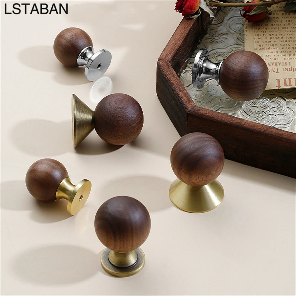 French Light Luxury Walnut Cabinet Door Handle Solid Wood Kitchen Cabinet Knob Wardrobe Door Drawer Pull Antique Brass Ball Knob