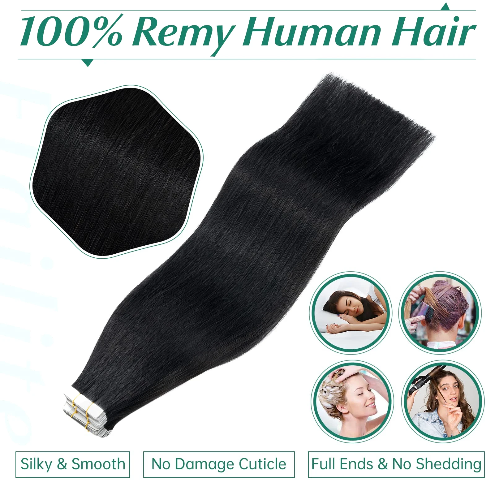 Extensions de Cheveux 100% Naturels Remy Noir de Jais, Lisses, Sans Couture, Trame de Peau, 20 Pièces, 50 g/paquet