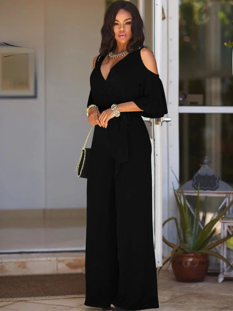 2024 Wiosna/Lato Nowy Kombinezon Damski Plus Size Luźny Elastyczny Dekolt V Off Shoulder Talia Luźne Spodnie z szerokimi nogawkami Odzież Damska — zdjęcie 2
