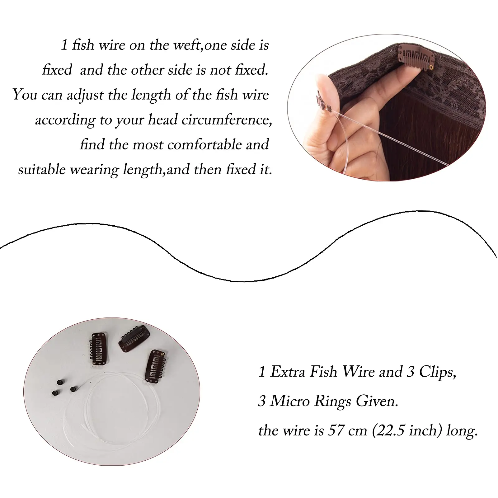 وصلات شعر شعر بشري حقيقي، وصلات شعر مستقيمة بنية متوسطة الحجم، سلك غير مرئي، خط سمكة، وصلة شعر طبيعي مفرود