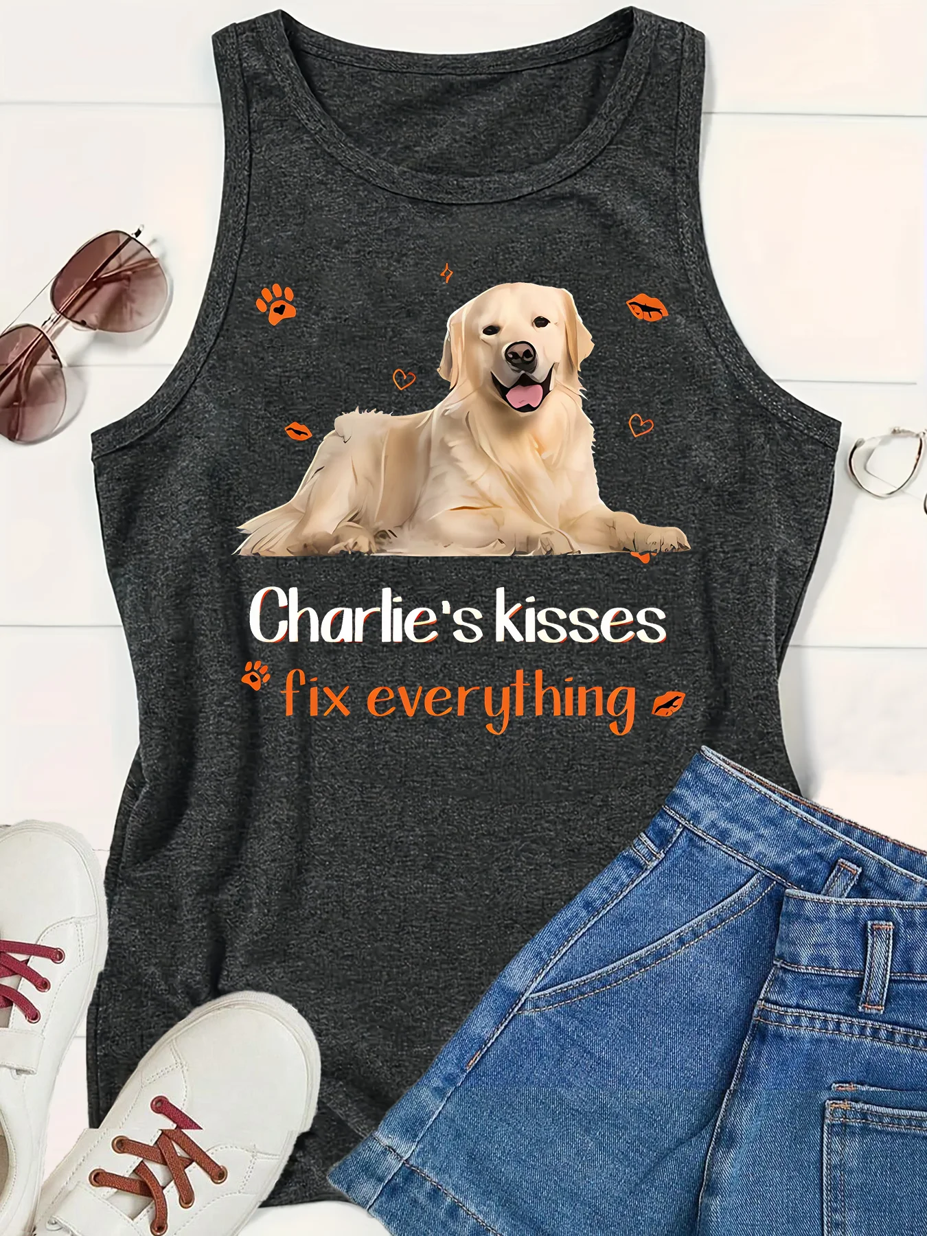 Charlie's kisses  Letters Print Women Tank Tops Loose O-neck Sleeveless Casual Vest Women's Tops Clothing