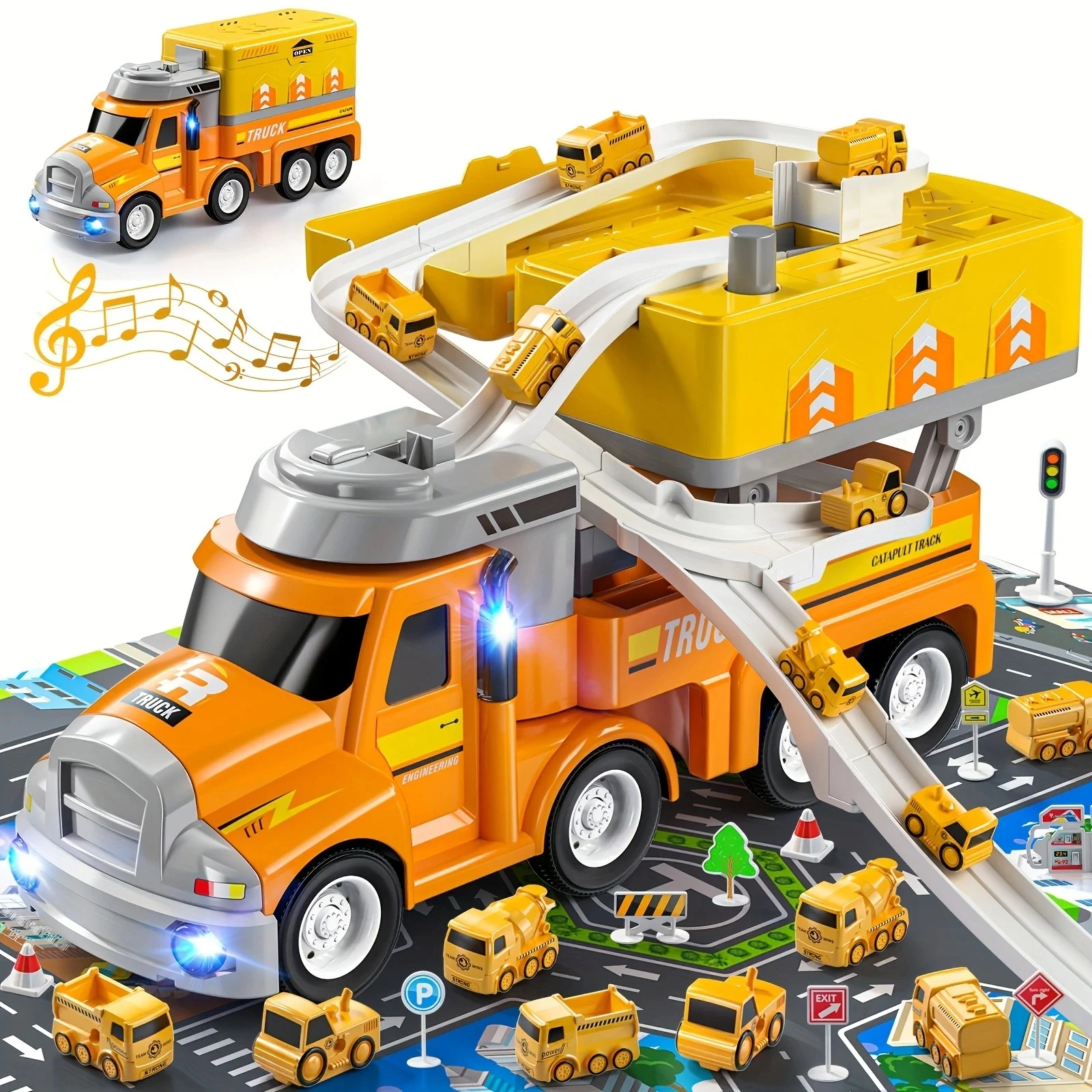 

Construction truck for kids 3+, truck transporter with 8 mini vehicles and play mat, truck toy with lights and music, toddler to