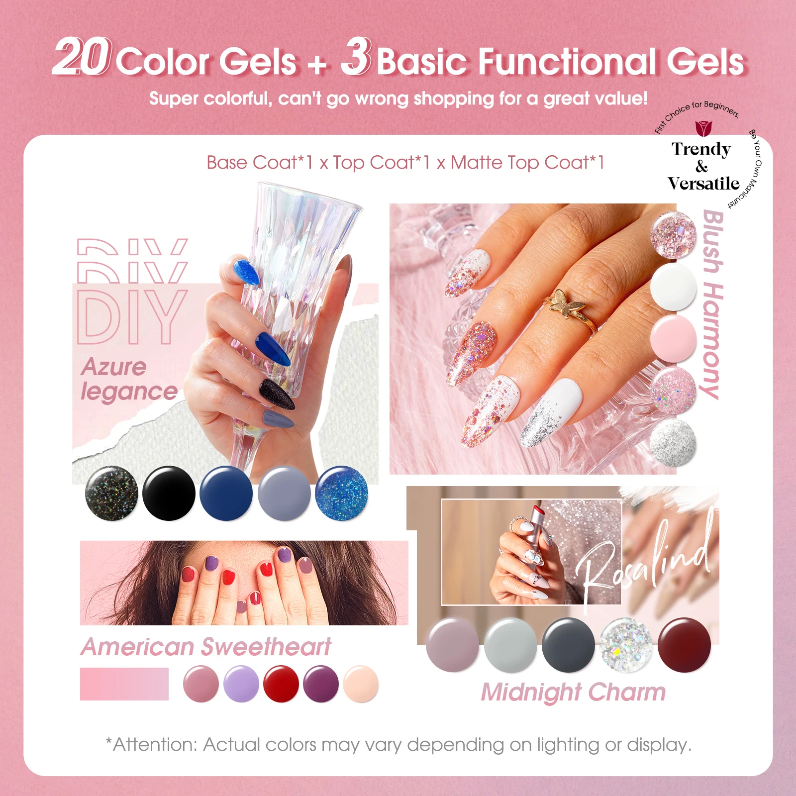 ROSALIND 23PCS Gel Nail Polish Set Classic Colorful Series Gel Polish All Seasons Gel Glossy & Matte Top Base Coat Need UV Lamp