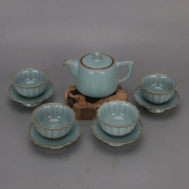 Tea Set Handmade Song Dynasty Style Ru Ware Celadon Glaze with Teapot and Cups Vintage Home Decor Collection