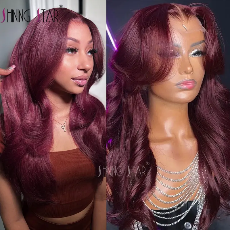 

Burgundy Red Lace Front Human Hair Wigs Colored 99J Body Wave 13X4 Hd Transparent Lace Frontal Closure Wig For Black Women 32"