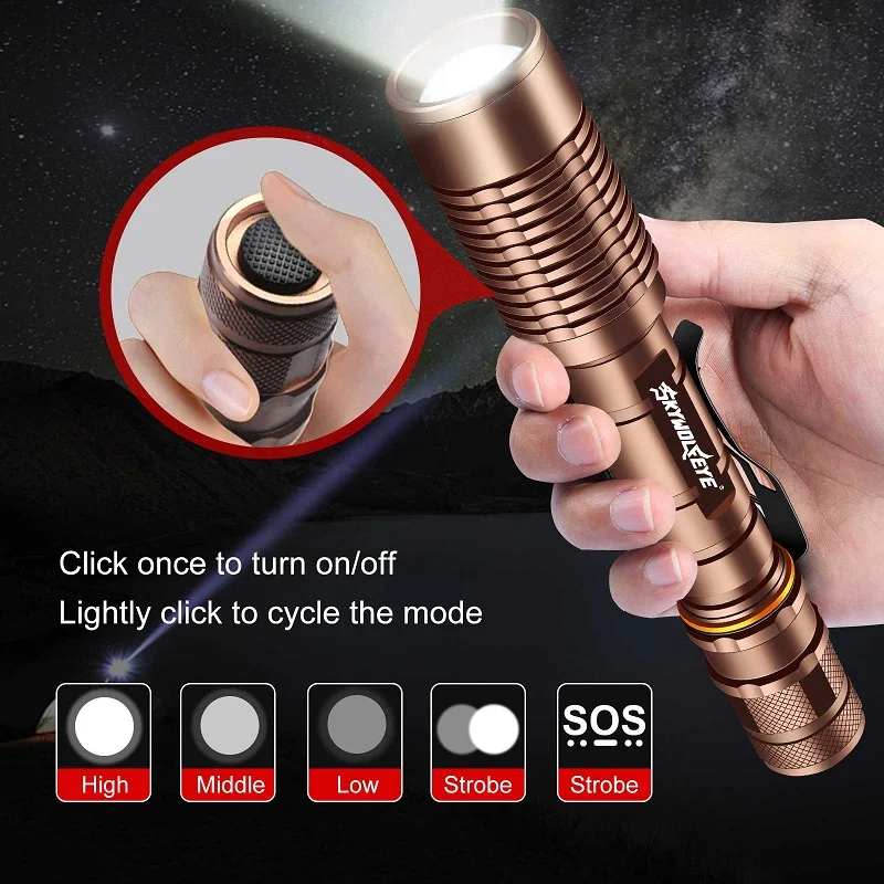 Skywolfeye Bright High Power LED Flashlight 5 Modes Portable Torch With Pen Clip for Camping Outdoor Emergency Home Use