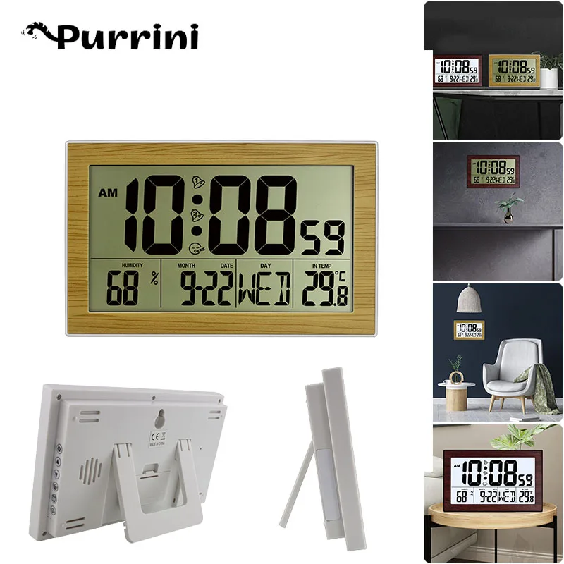 Multifunctional Large Screen Digital Alarm Clock Temperature Date 12/24 Time Display Wall Battery Powered Electronic Desk Clock