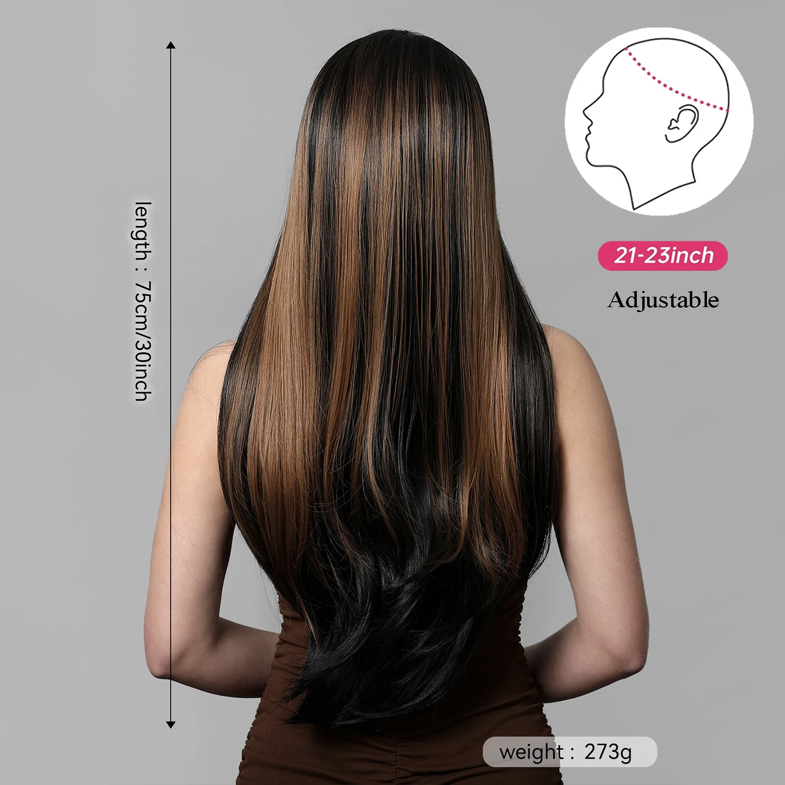 Peruca reta longa da parte média para mulheres, perucas sintéticas, preto com destaque marrom, cabelo natural, resistente ao calor, cosplay diário