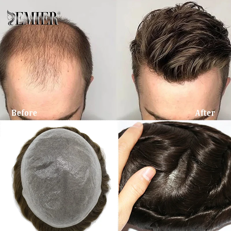 Toupee For Men Thin Skin 0.1mm Natural Wave Men Human Hair Replacement System Dark Brown Color Hair Piece Protesis Capilary