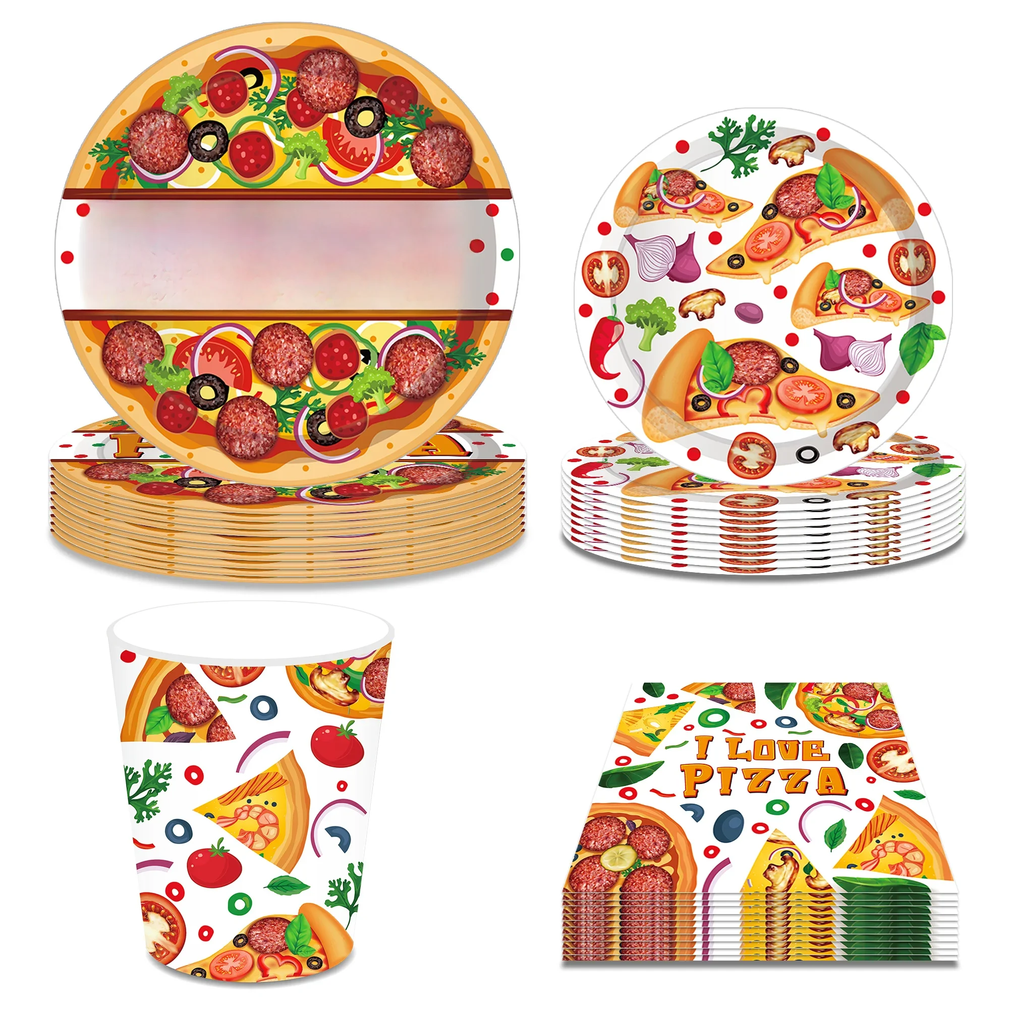 Ensemble de vaisselle jetable pour fête alimentaire Pizza, dessin animé, Barbecue d'anniversaire, assiettes de Camping, tasses, serviettes, décor de pique-nique pour fête prénatale