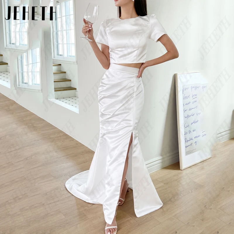 JEHETH O-Neck Mermaid Korea Bridal Gowns Women Simple Satin Wedding Dresses Vintage Short Sleeves 웨딩드레스 Photography Side Split