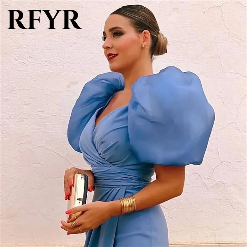 

RFYR Royal Blue Mermaid Evening Dresses Puffy Sleeves Pleated Side Cut Out Formal Party Prom Gowns Robes De Soirée Customized