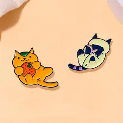 Cute Cartoon Cat Enamel Brooch Creative Animal Fruit Tangerine Orange Lapel Pin Badge Backpack Clothing Hat Accessories