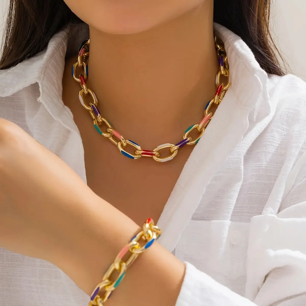 2 sztuk/zestaw kolorowy czeski modny Choker naszyjnik bransoletka zestaw biżuterii klasyczny krzyż akcesoria łańcuszkowe dla kobiet prezent Party — zdjęcie 2
