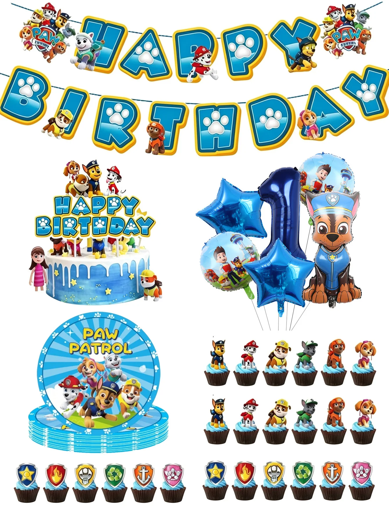 

Paw Patrol Birthday Party Decoration Set with Happy Birthday Banner Cake Topper Balloons And Cupcake Toppers - Home Party Suppli