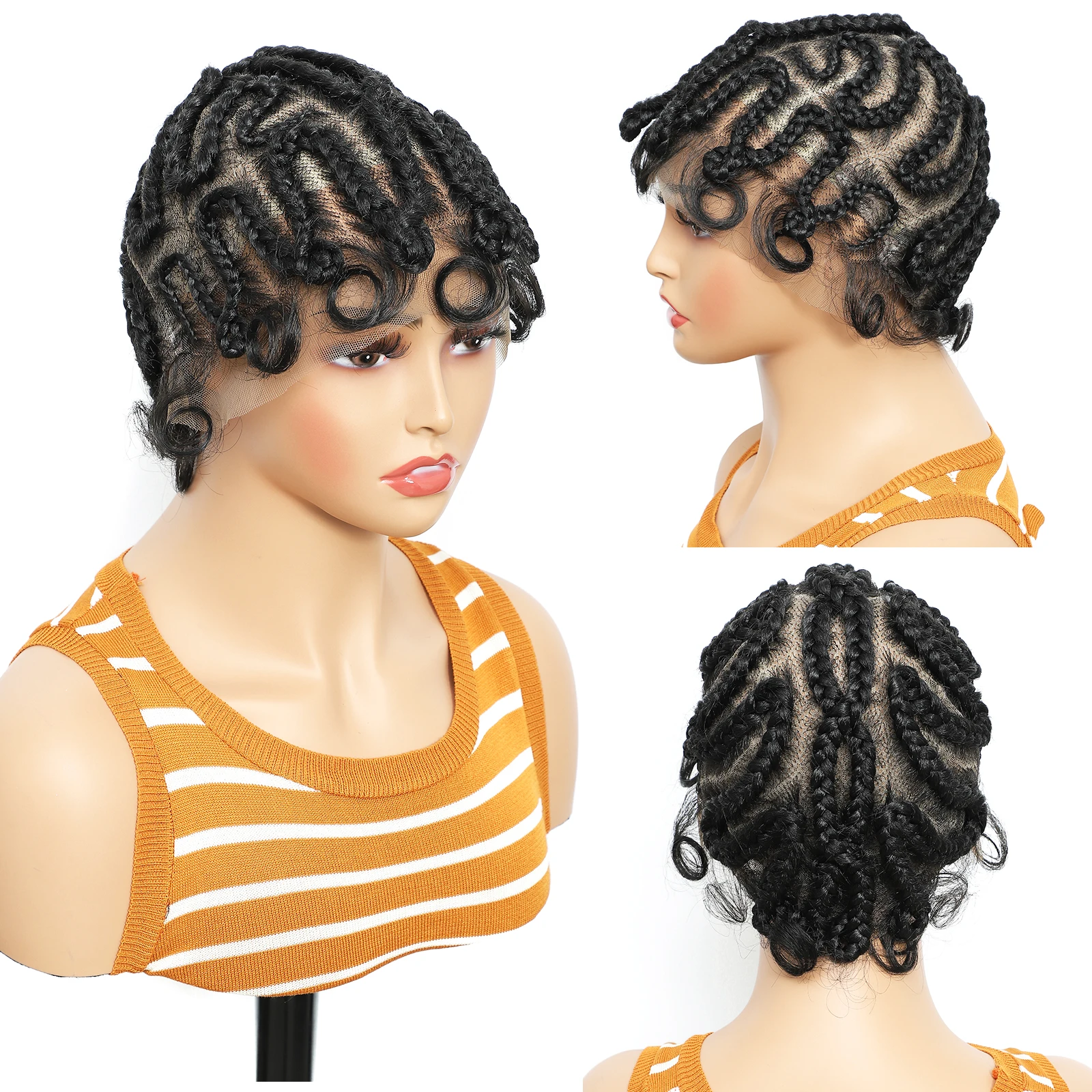Short Lovely Synthetic Braided Wigs for Black Women Full Lace Hand-tied Twist Knotless Box Braids Wigs with Baby Hair 8 inches