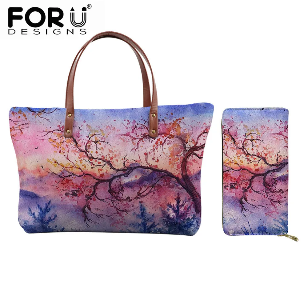 

FORUDESIGNS 2 Packs Women Casual Handbag Set Beautiful Flowers Prints Creative Fashion Soft Shoulder Bag Light Wallet for Ladies