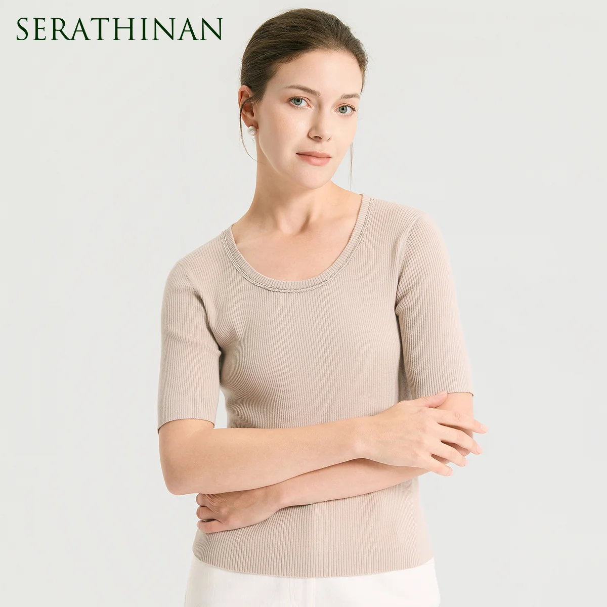 

BD4611501 Элегантный женский пуловер из шелковой шерсти, вязаный, минималистичный, с круглым вырезом, рукавом до локтя, высококачественный базовый свитер