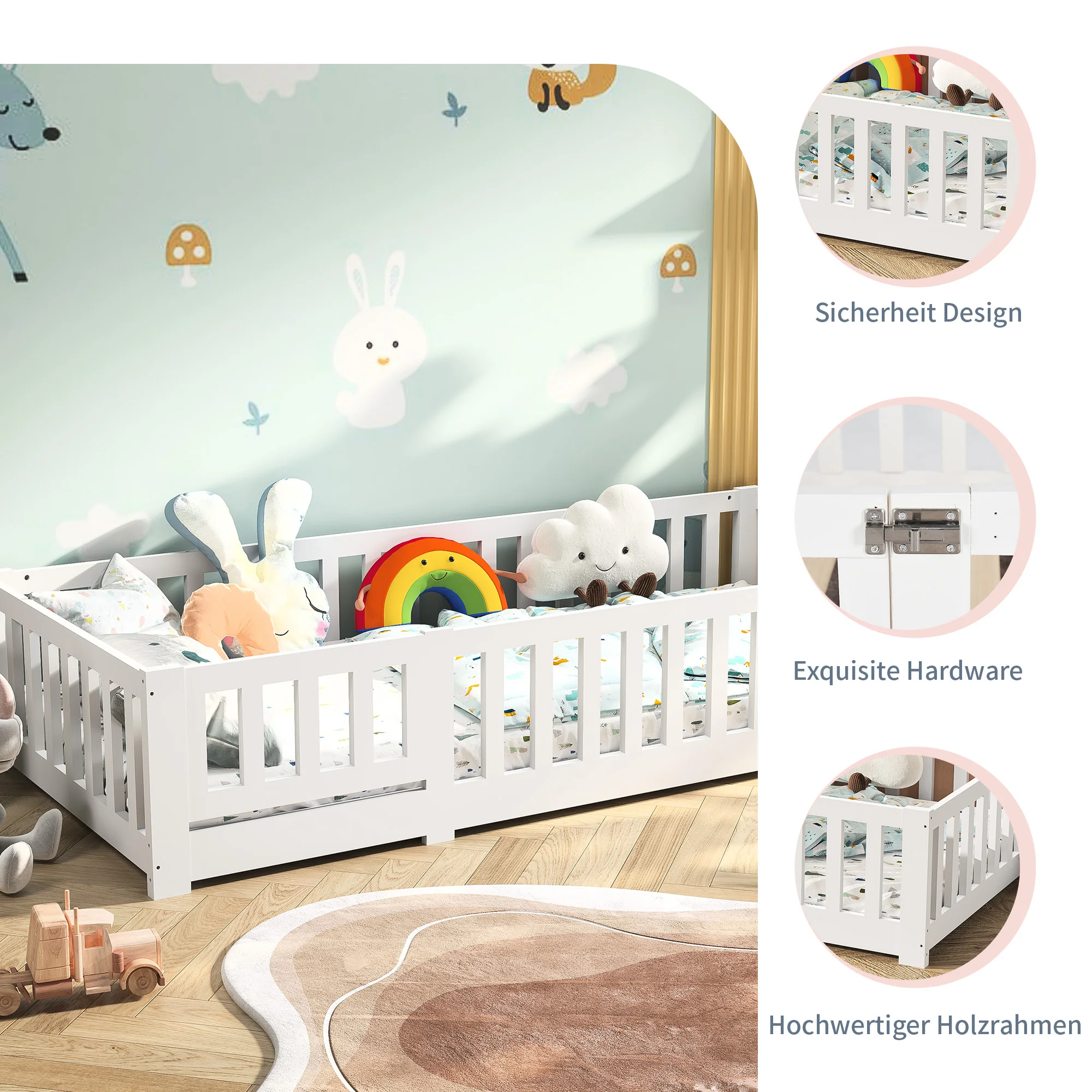 Picture 6: Superaly Children's Bed 90x200cm,Floor Bed with Fall Protection & Slatted Frame,Single Bed,Wood Bed Frame,Bed Cot,White