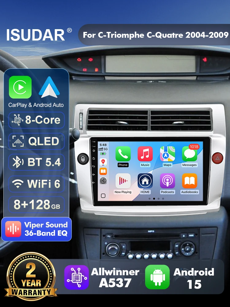 ISUDAR T57 Android 15 Radio For Citroen C4 C-Triomphe Quatre 2004-2014 Multimedia Player CarPlay Android Auto Head Unit Camera