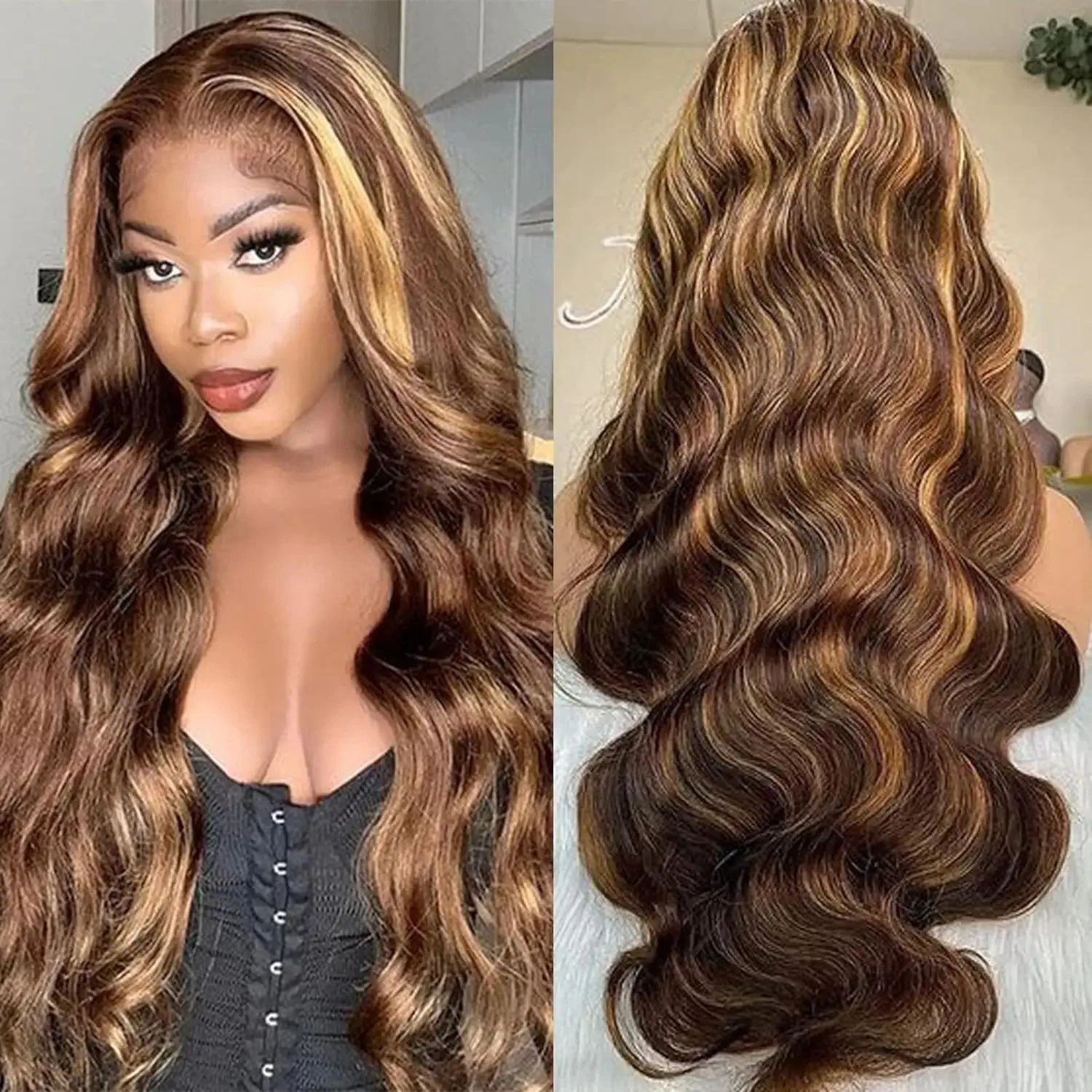 4/27 Highlight Body Wave Wig Human Hair Brazilian Colored Ombre Blonde 13x6 HD Transparent Lace Frontal Wig For Women 30 32 Inch